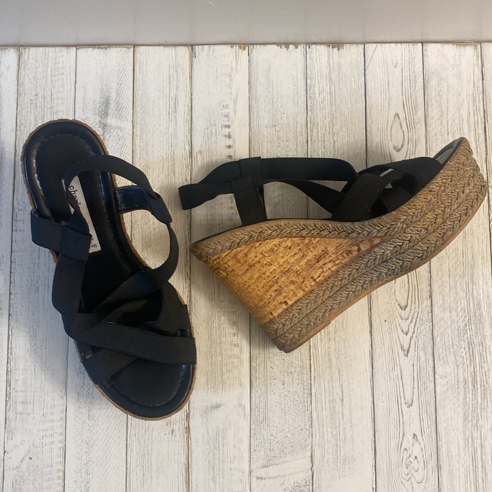 Charles David Black Strapped Open Toe Wedge Sandals